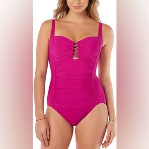Swim Solutions Shirred Tummy-Control One-Piece in Hot Pink/Fuchsia Size 14